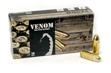 Image of Venom 9mm Luger 115 Grain Full Metal Jacket Brass Cased Centerfire Pistol Ammo, 50 Rounds, Venom9mm115