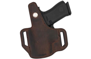Image of Versacarry Trooper OWB Leather Belt Holster w/Thumb Break, Size 01, Beretta Cheetah 84F/Beretta 92X Full Size/Bersa Thunder Pro 9 Ultra Compact/CZ 97 B, Right Hand, Distressed Brown Base w/ Black Patch, TR2211-2