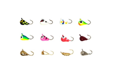 Image of Vexan 12-Pack Tungsten Ice Fishing Jigs, Black, White/Green/Pink/Red/Gold/Silver Glow &amp; Mul, 0.8g, 4mm, GlowMC14HK