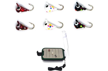 Image of Vexan 6-Pack Tungsten Ice Fishing Jigs w/Small Jig Box, Red/White/Black Wonderbread/Gray/Clear, 0.8g, GlowMCWB16HK SJB