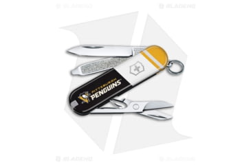 Image of Victorinox Swiss Army Knife Classic SD Folding Knives, 1.55in, Black/White/Yellow Handle, Pittsburgh Penguins, Steel/Black/White/Yellow, 2.25in, BHQ-205627