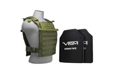 Image of Vism Larger Fast Plate Carrier w/2 11x14in Level III and PE Shooters Cut Hard Ballistic Plates, Green BPLCVPCFL2995G-A