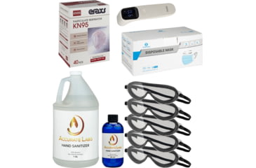 Image of Vtrap Disposable Medical Mask, Box of 50 &amp; Box of 40, w/ 1gal and 8oz Hand Sanitizers, Body Thermometer and IDC Goggle