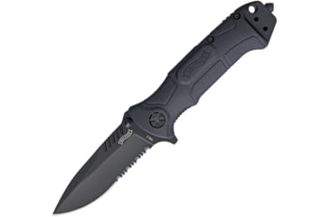 Image of Walther BTK 2 Tac Linerlock Folding Knife, 4.75in Closed, 3.25in Black Partially Serrated 440C SS Drop Point, Black Nylon Handle, Glass Breaker, Pocket Clip, Black Nylon Belt Sheath, Black, 5.0786-US