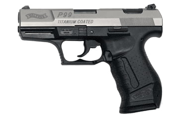 Image of Walther P99-Titanium-Coated Pistol, .40 S&amp;W, 4.12 in barrel, black polymer frame, integrated polymer grip, recoil operated semi-automatic, double-action, slide mounted decock button, white 3-dot adjustable, 12 round magazine, WA-P99-TTNM-CT-FRRMPG