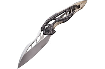 Image of We Knife Co Ltd Arrakis Framelock Folding Knife, 4.5in Closed, 3.5in Bohler M390 SS Blade, Champagne Titanium Handle With Carbon Fiber Inlay, Pocket Clip, Stonewash And Satin Blade, Champagne, 906CF-A