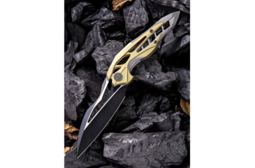 Image of We Knife Co Ltd Arrakis Framelock Folding Knife, 4.5in Closed, 3.5in M390 SS Blade, Gold And Silver Titanium Handle, Black Stonewash And Satin Blade, Black Nylon Zippered Case, Gold and silver, 906A