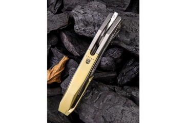 Image of We Knife Co Ltd Arrakis Framelock Folding Knife, 4.5in Closed, 3.5in M390 SS Blade, Gold And Silver Titanium Handle, Black Stonewash And Satin Blade, Black Nylon Zippered Case, Gold and silver, 906A