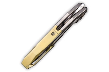 Image of We Knife Co Ltd Arrakis Framelock Folding Knife, 4.5in Closed, 3.5in Satin Bohler M390 SS Blade, Gold And Silver Titanium Handle, Pocket Clip, Black Nylon Zippered Storage Case, Gold and silver, 906C