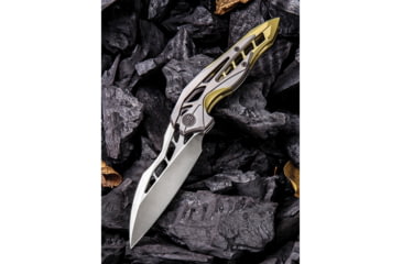 Image of We Knife Co Ltd Arrakis Framelock Folding Knife, 4.5in Closed, 3.5in Satin Bohler M390 SS Blade, Gold And Silver Titanium Handle, Pocket Clip, Black Nylon Zippered Storage Case, Gold and silver, 906C