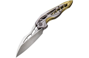 Image of We Knife Co Ltd Arrakis Framelock Folding Knife, 4.5in Closed, 3.5in Satin Bohler M390 SS Blade, Gold And Silver Titanium Handle, Pocket Clip, Black Nylon Zippered Storage Case, Gold and silver, 906C