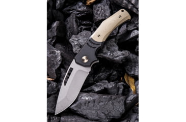 Image of We Knife Co Ltd JIXX Framelock Folding Knife, 4.5in Closed, 3.5in Stonewash M390 SS Blade, Black Stonewash Titanium Handle w/Tan G10 Inlay, Black Nylon Zippered Case, Black, 904B