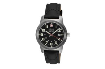 Image of Wenger Classic Field Watch Mens Large Black Dial w/ Black Leather Strap 72802