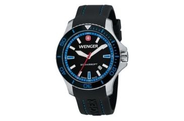 Image of Wenger Mens Sea Force Swiss Watch w/ Black &amp; Blue dial black &amp; Blue Bezel Black Silicone Strap 641.104