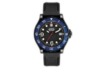 Image of Wenger Mens Ranger Swiss Military Watch - Blue Bezel Black Dial Black Rubber Strap 70908