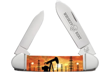 Image of Whiskey Bent Knives Canoe Folding Knife, Spear &amp; Pen Blades, 440 Steel Blade, 3.63in Closed Length, Acrylic Handle, Pump Jack Sunset, WB12-02