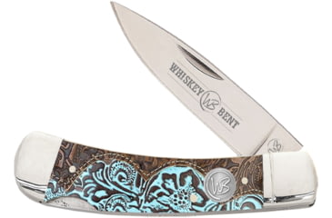 Image of Whiskey Bent Knives Lock Blade Folding Knife, Single Clip Point, 440 Steel Blade, 3.75in Closed Length, Acrylic Handle, Tooled Country, WB13-38