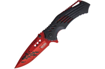 Image of Wild Boar 4.75in Finger Grooved Linerlock, Assisted Opening, 4.75in Closed, 3.5in Red Finish SS Drop Point, Black Nylon Handle, Thumb Stud, Pocket Clip, Black Paint Splatter Blade Artwork, WB1022