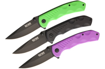 Image of Wild Boar Linerlock Folding Knife Set, Three Piece Set, Knives Measure 4 1/2in Closed, 3 1/2in Black SS Blade, Grooved Composite Handles In Black, Purple And Green, Black SS Pocket Clip, WB1006