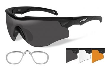 Image of Wiley X Rogue Sunglasses,Matte Black Frame,Smoke Grey,Clear,Light Rust Lenses,RX Insert 2802RX