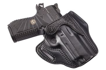 Image of Wilson Combat Defender Holster, EDC X9 with Rail, right Hand, 1.5in Belt, Black Leather with Shark Trim PLD9BLSR15R