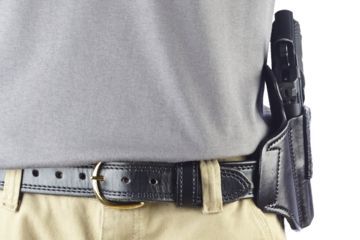 Image of Wilson Combat Lo-Profile II Holster, Compact 1911, Left Hand, 1.5in Belt, Black Leather with Shark Trim MLP2BLSL15
