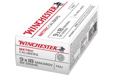 Image of Winchester 9X18 Makarov 95 Grain FMJ Brass Cased Centerfire Rifle Ammo, 50RDS, WINCMC918M