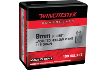 Image of Winchester Ammo Centerfire Handgun Reloading, 9 mm .355, 115 Grain, JHP, 100 Bullets, WB9JHP115X