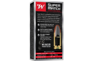 Image of Winchester Super Match 9mm Luger 124 Grain Full Metal Jacket Round Nose Brass Cased Pistol Ammunition, 50 Rounds, SM9RN124