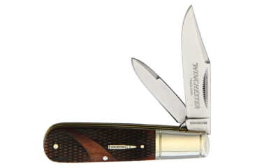 Image of Winchester Barlow Brown Checke Bone Folding Knife, 3.5in Closed, Mirror SS Clip And Pen Blades, Brown Checkered Bone Handle, Gift Boxed, KB211W / WN29120C