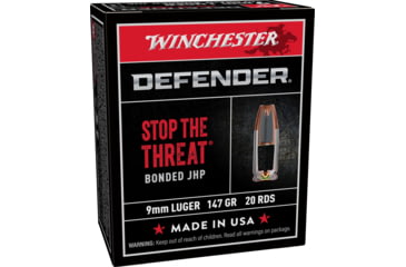 Image of Winchester Defender HANDGUN 9 mm Luger 147 grain Bonded Jacketed Hollow Point Brass Cased Centerfire Pistol Ammo, 20 Rounds, S9 mmPDB1