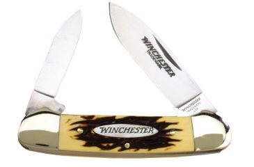 Image of Winchester Knives 3 5/8in, 2 Blade Canoe w/ Spear and Pen Blades w/ Stag Delrin Handle, Box W 40 14012 B