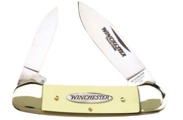 Image of Winchester Knives 3 5/8in, 2 Blade Canoe w/ Spear and Pen Blades w/ YellowDelrin Handle, Box W 40 14012 YB