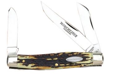 Image of Winchester Knives 4in, 3 Blade Stockman w/ Stag Delrin Handle and Winchester Oval Stamped Shield, Clam Pack W 40 14086 C