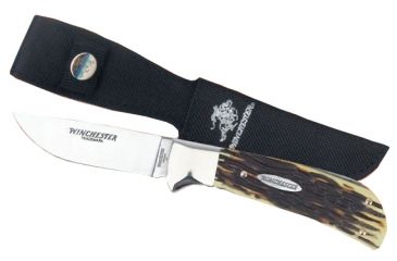 Image of Winchester Knives 8 1/8in, 1 Blade Sheath Knife w/ Drop Point Flat Grind Blade and Stag Delrin Handle, Box W 40 14004 B