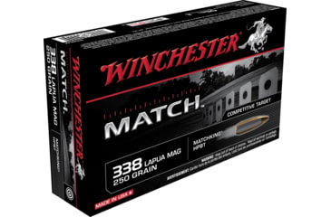 Image of Winchester MATCH .338 Lapua Magnum 250 grain Boat Tail Hollow Point Centerfire Rifle Ammo, 20 Rounds, S338LM