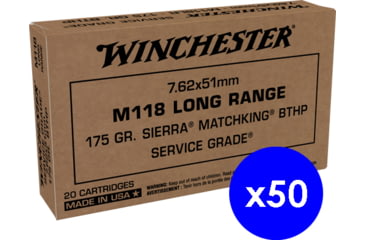 Image of Winchester Service Grade 7.62x51mm NATO 175 Grain Long Range Sierra MatchKing Boat Tail Hollow Point Brass Centerfire Rifle Ammo, 1000 Rounds