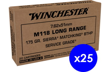 Image of Winchester Service Grade 7.62x51mm NATO 175 Grain Long Range Sierra MatchKing Boat Tail Hollow Point Brass Centerfire Rifle Ammo, 500 Rounds