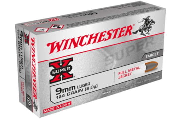 Image of Winchester Super-X 9mm Luger 124 Grain Full Metal Jacket Brass Cased Pistol Amm, 50 Rounds, W9MM124