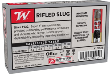 Image of Winchester Super-X Shotshell, 12 Gauge, 2 3/4 in, Centerfire Shotgun Slugs Ammo, 5 Rounds, X12RS15