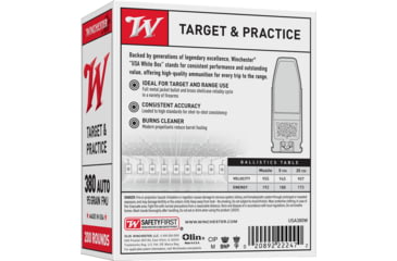 Image of Winchester USA, .380 ACP, 95 Grain, FMJ, Brass Case, Centerfire Pistol Ammo, 200 Rounds Box, USA380W