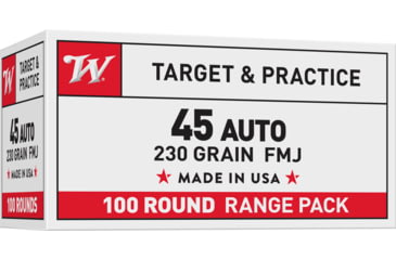 Image of Winchester USA, .45 ACP, 230 Grain, FMJ, Brass Case, Centerfire Pistol Ammo, 100 Rounds Box, USA45AVP