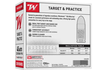 Image of Winchester USA, .45 ACP, 230 Grain, FMJ, Brass Case, Centerfire Pistol Ammo, 200 Rounds Box, USA45W