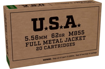 Image of Winchester USA 5.56x45mm NATO 62 grain Green Tip M855 Full Metal Jacket Boat Tail FMJBT Brass Centerfire Rifle Ammo, 20 Rounds, SGM855KW