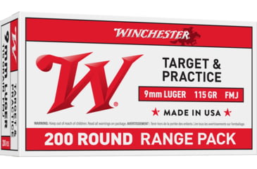 Image of Winchester USA 9mm Luger 115 Grain Full Metal Jacket Brass Cased Centerfire Pistol Ammo, 200 Rounds, USA9WY