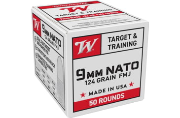 Image of Winchester USA 9mm NATO 124 Grain Full Metal Jacket FMJ Brass Cased Pistol Ammo, 50 Rounds, W9NATO50