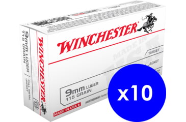 Image of Winchester USA, 9mm Luger, 115 Grain, FMJ, Brass Case, Centerfire Pistol Ammo, 500 Rounds Box, Q4172-KIT5