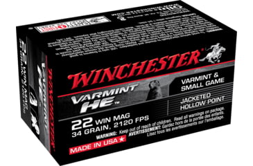 Image of Winchester Varmint HE .22 Winchester Magnum Rimfire 34 grain Jacketed Hollow Point Rimfire Ammo, 50 Rounds, S22WM