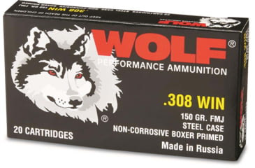 Image of Wolf Ammo .308 Winchester 150 Grain Full Metal Jacket Steel Rifle Ammo , 20 Rounds, Bimetal, 308WFMJ