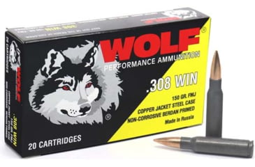 Image of Wolf Ammo .308 Winchester 150 Grain Full Metal Jacket Steel Rifle Ammo , 20 Rounds, Copper, 308WCFMJ
